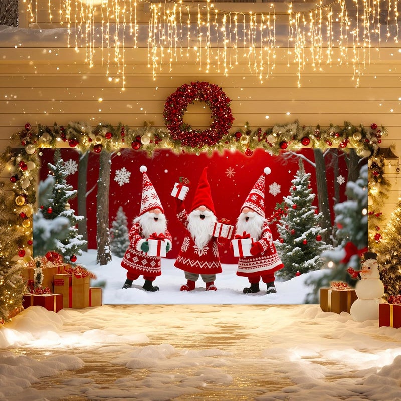 IVN Christmas Garage Door Cover Decoration 13x6ft Three Santas Gnome Red Gift Tree Snowy Trees Merry Christmas Garage Door Banner Home Door Front Yard Decor for Xmas Eve Holiday Outdoor - Image 2